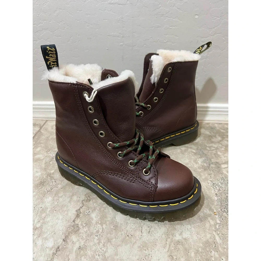 Dr. Martens Brown Leather Lace-Up Ankle Boots with Shearling Dr Martens Aimilita Brown Leather Combat Boots Size 8 Fur | eBay main image 4